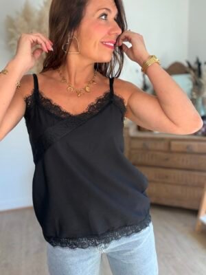 Top noir à bretelles avec dentelle - Modèle Lisie