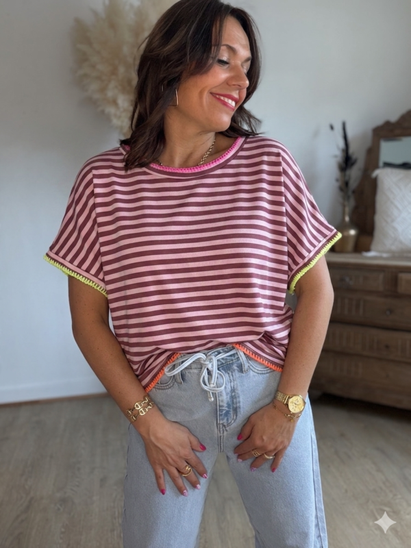 T shirt rayé bordeaux rose - Modèle Hector
