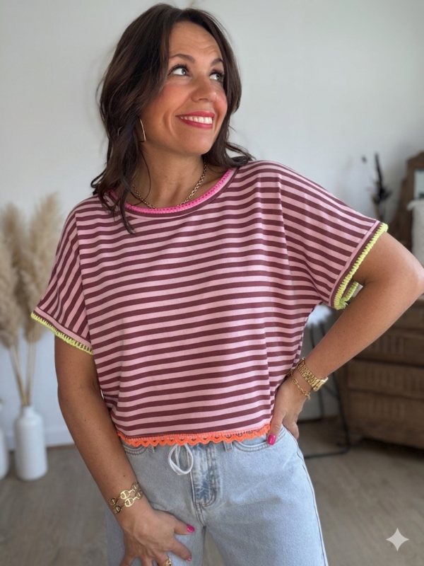 T shirt rayé bordeaux rose - Modèle Hector