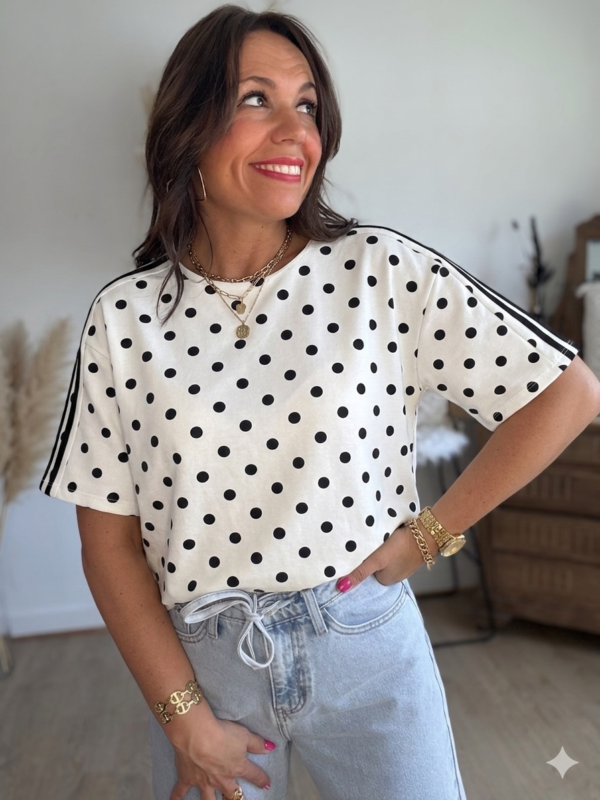 T shirt à pois fluide ultra doux blanc - Modèle Gladys