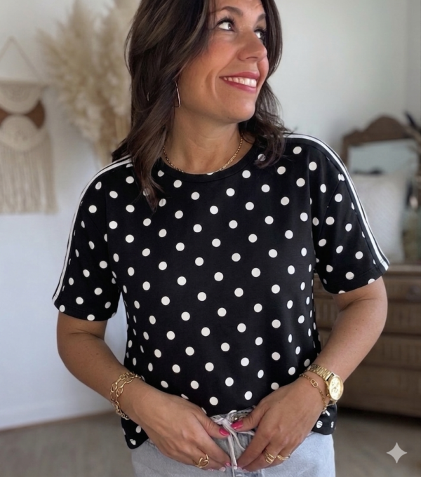 T shirt à pois fluide ultra doux noir - Modèle Gladys