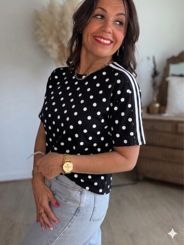 T shirt à pois fluide ultra doux noir - Modèle Gladys