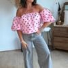 Blouse rose à pois - Modèle Bardot