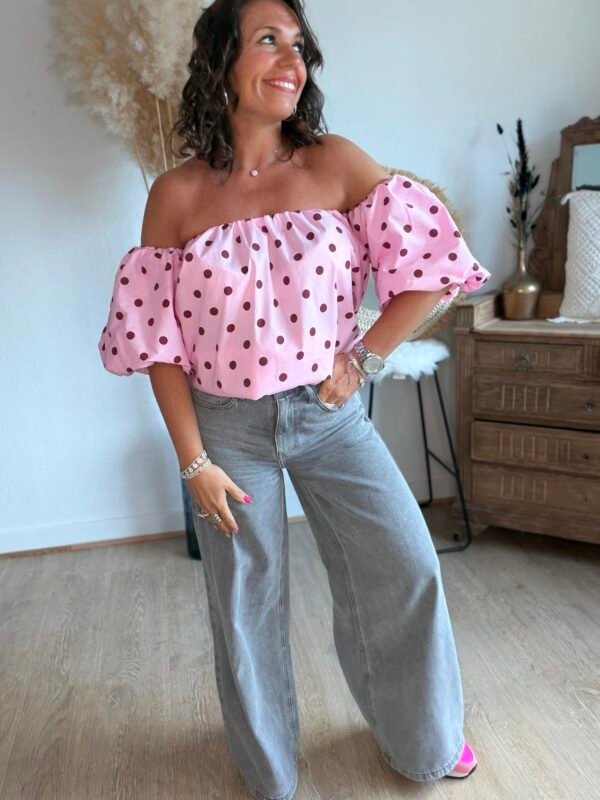 Blouse rose à pois - Modèle Bardot