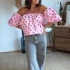 Blouse rose à pois - Modèle Bardot