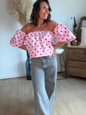Blouse rose à pois - Modèle Bardot