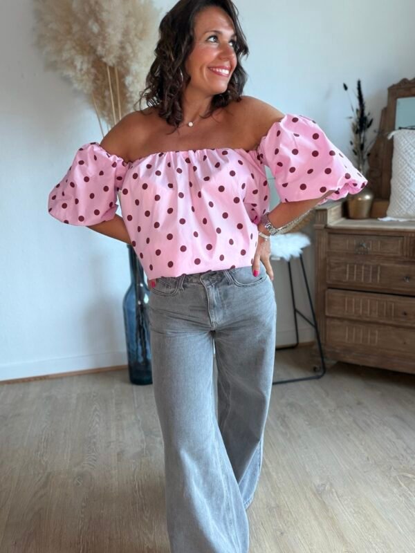 Blouse rose à pois - Modèle Bardot