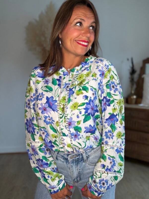 Chemise fleurie bleu vert  - Modèle Audrey