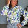 Chemise fleurie bleu vert  - Modèle Audrey