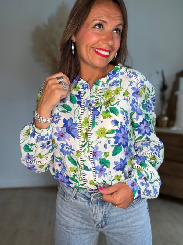 Chemise fleurie bleu vert  - Modèle Audrey