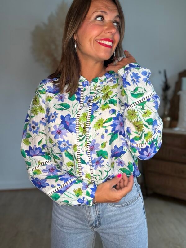 Chemise fleurie bleu vert  - Modèle Audrey