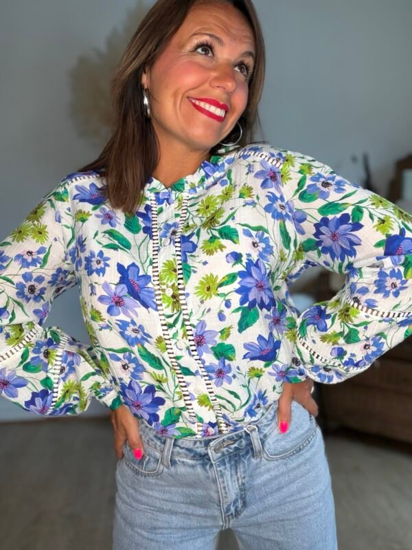 Chemise fleurie bleu vert  - Modèle Audrey