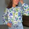 Chemise fleurie bleu vert  - Modèle Audrey