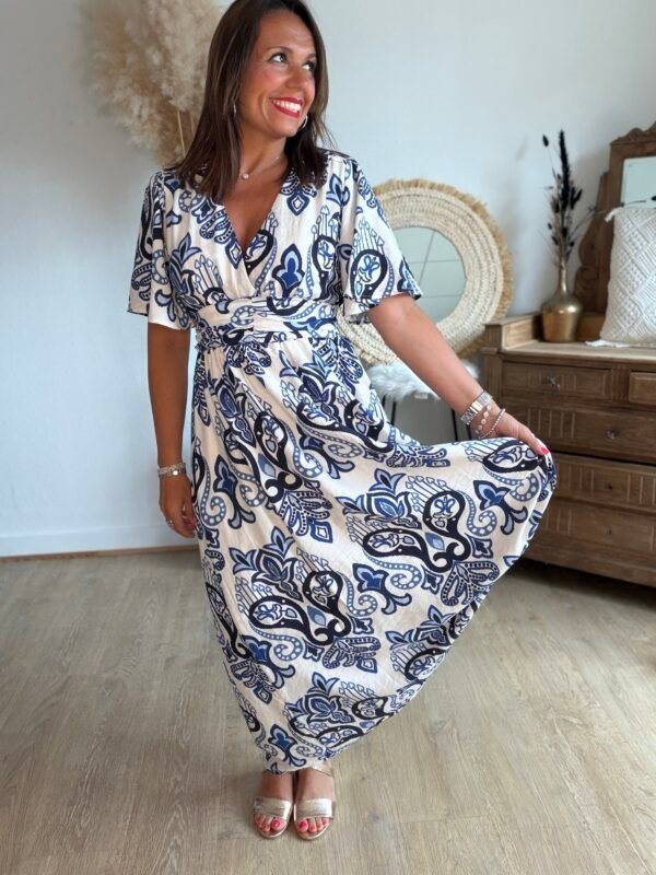 Robe longue imprimé bleu blanc - Modèle Cachemire
