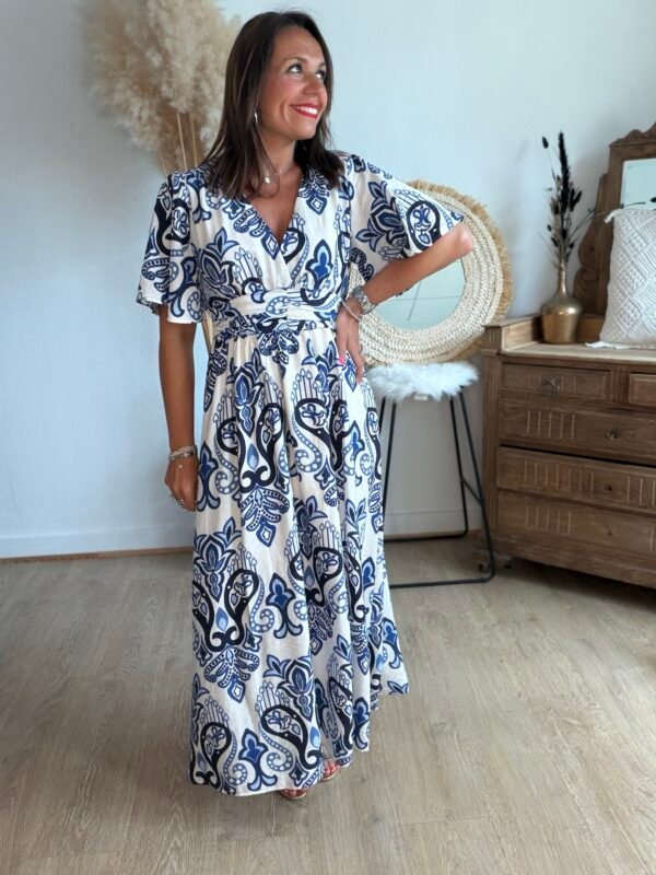 Robe longue imprimé bleu blanc - Modèle Cachemire