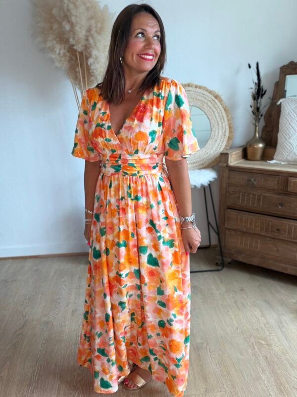 Robe longue imprimé orange vert - Modèle Aquarelle
