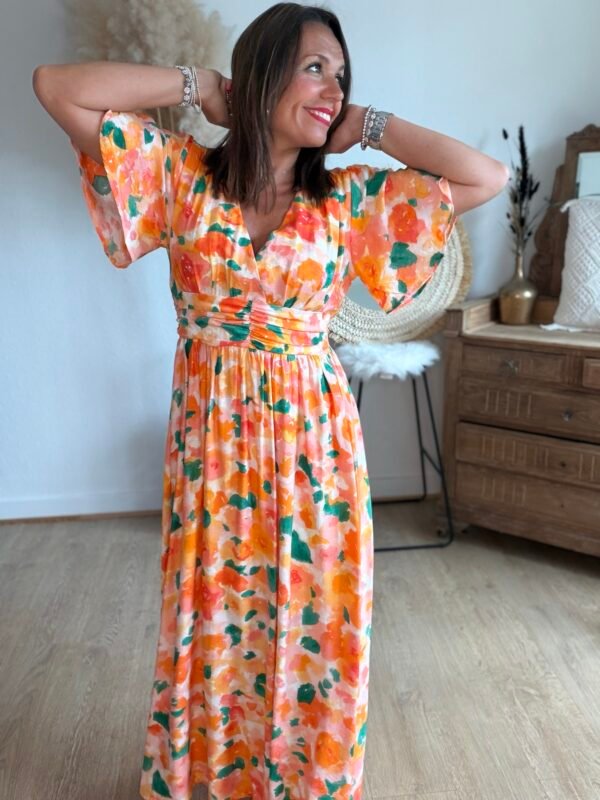 Robe longue imprimé orange vert - Modèle Aquarelle