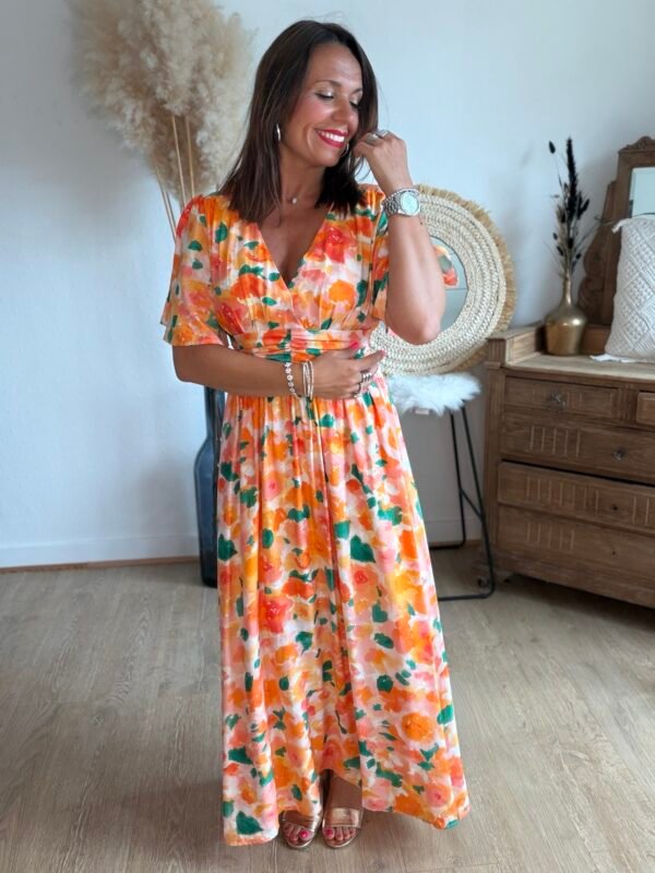 Robe longue imprimé orange vert - Modèle Aquarelle