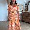 Robe longue imprimé orange vert - Modèle Aquarelle