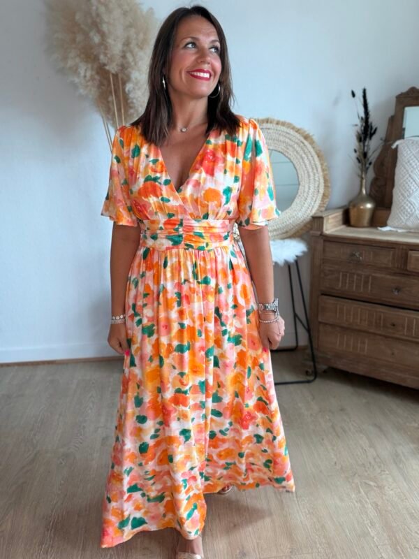 Robe longue imprimé orange vert - Modèle Aquarelle