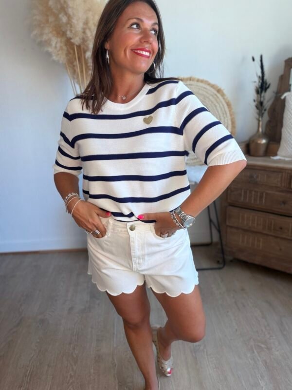 Top en maille rayé blanc marine - Louis