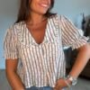 Chemise rayée marine col Claudine - Modèle Delphine