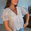 Chemise rayée marine col Claudine - Modèle Delphine