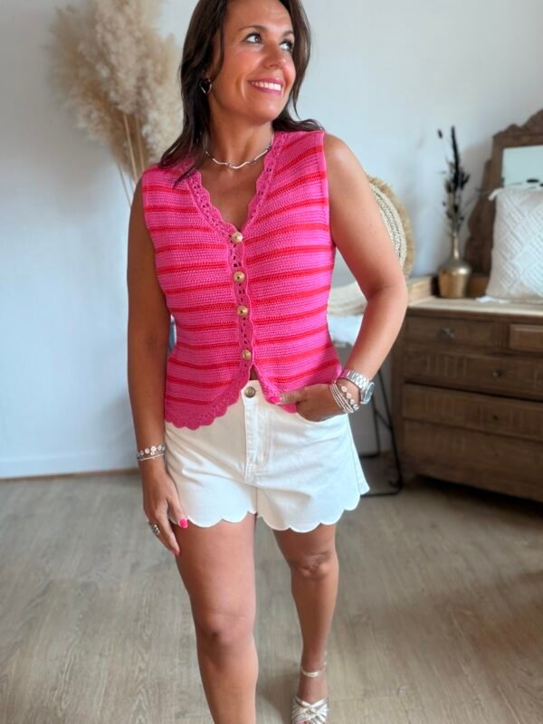 Gilet sans manches en maille rayé fushia - Modèle Armanda