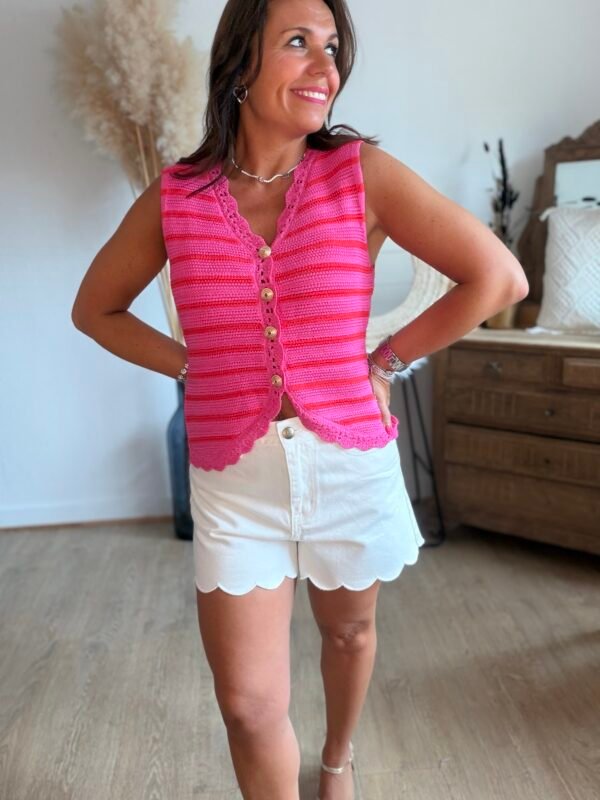 Gilet sans manches en maille rayé fushia - Modèle Armanda