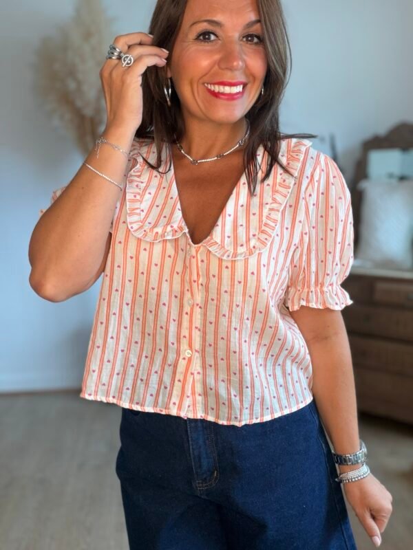 Chemise rayée cœurs orange - Modèle Delphine