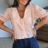 Chemise rayée cœurs orange - Modèle Delphine