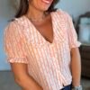 Chemise rayée cœurs orange - Modèle Delphine