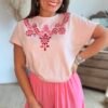 T shirt rose avec broderie - Modèle Ziggi