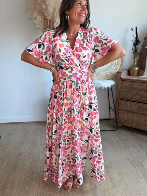 Robe longue imprimé aquarelle rose - Modèle Sonia