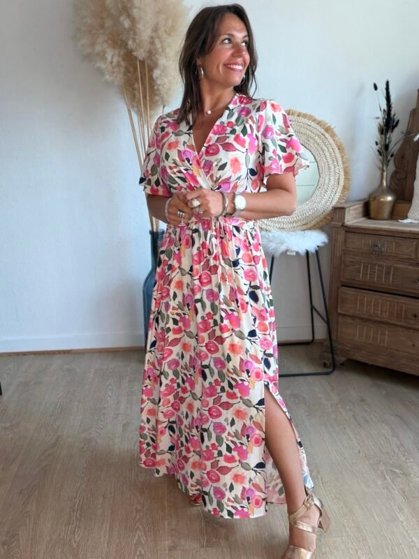 Robe longue imprimé aquarelle rose - Modèle Sonia