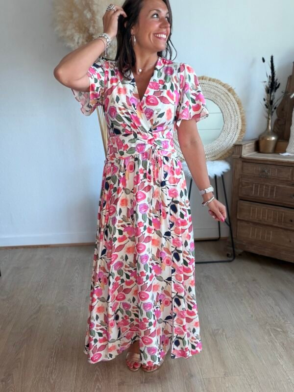 Robe longue imprimé aquarelle rose - Modèle Sonia