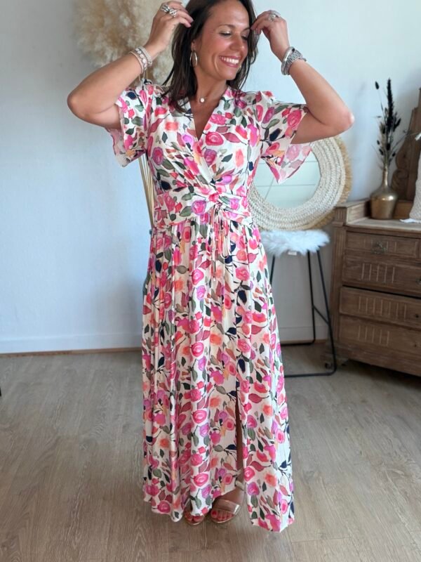 Robe longue imprimé aquarelle rose - Modèle Sonia