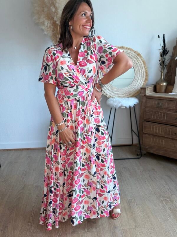 Robe longue imprimé aquarelle rose - Modèle Sonia