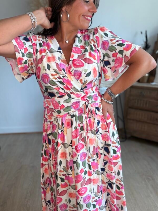 Robe longue imprimé aquarelle rose - Modèle Sonia
