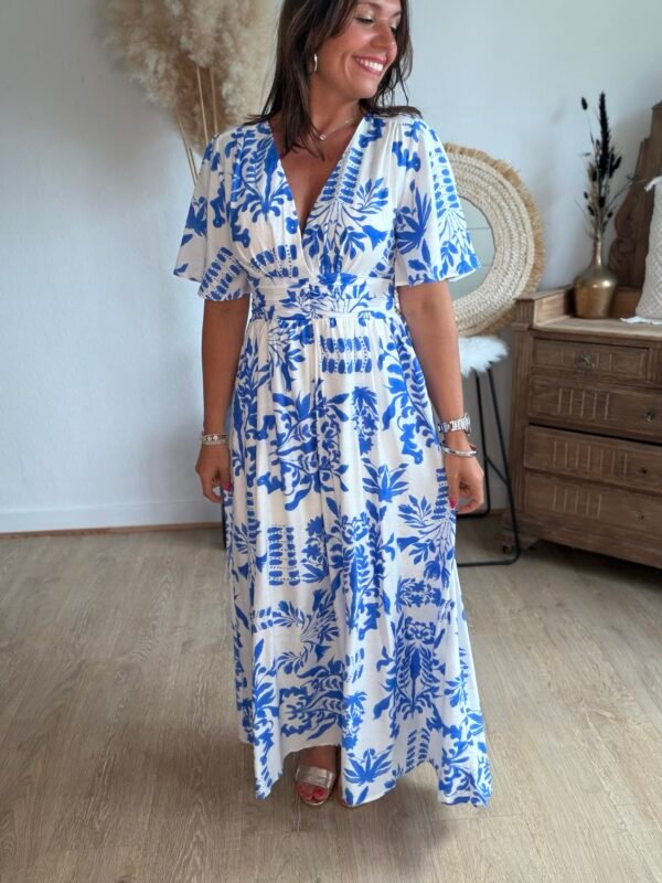 Robe longue imprimé bleu blanc - Modèle Grèce