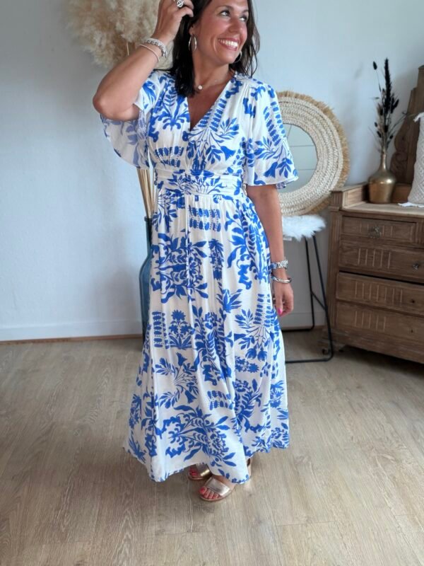 Robe longue imprimé bleu blanc - Modèle Grèce