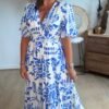 Robe longue imprimé bleu blanc - Modèle Grèce