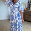 Robe longue imprimé bleu blanc - Modèle Grèce