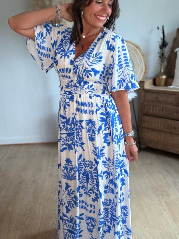 Robe longue imprimé bleu blanc - Modèle Grèce