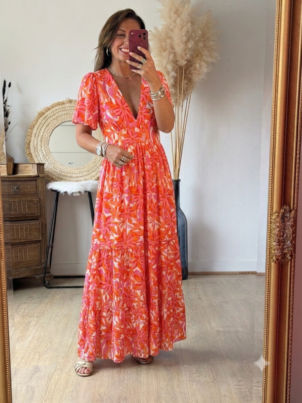 Robe longue fleurie rouge - Modèle Tania