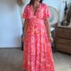 Robe longue fleurie rouge - Modèle Tania