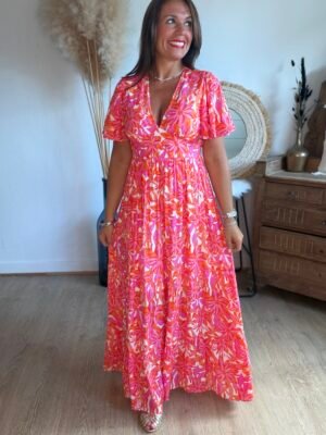 Robe longue fleurie rouge - Modèle Tania