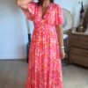 Robe longue fleurie rouge - Modèle Tania