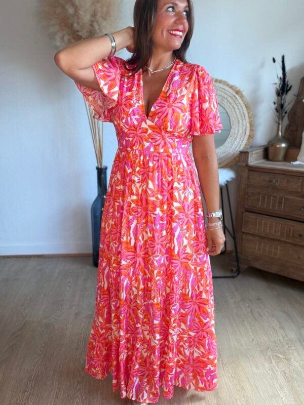 Robe longue fleurie rouge - Modèle Tania