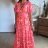 Robe longue fleurie rouge - Modèle Tania